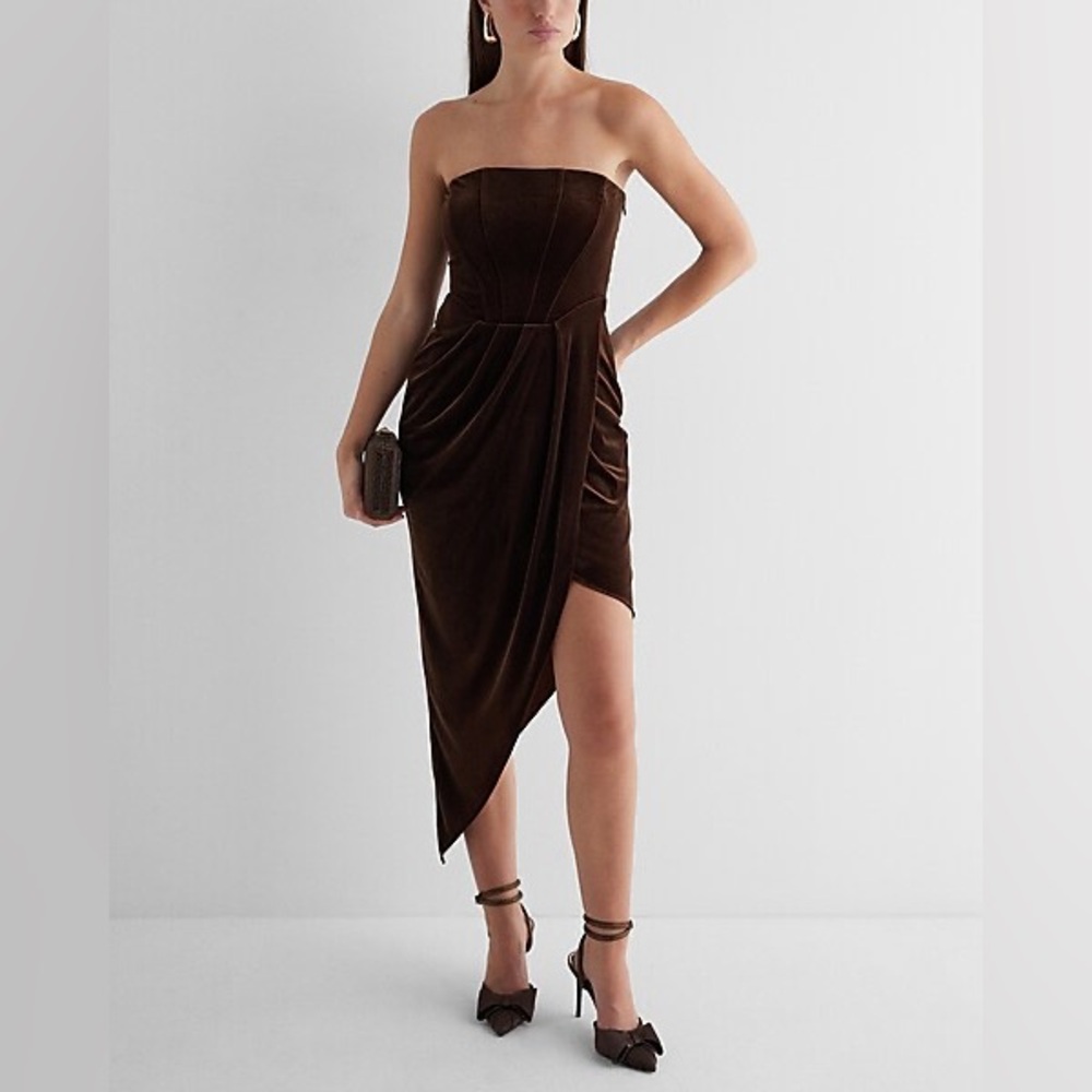 NWT Brown Velvet Strapless Bodycon Midi Dress Small Asymmetrical Hem Party Fit